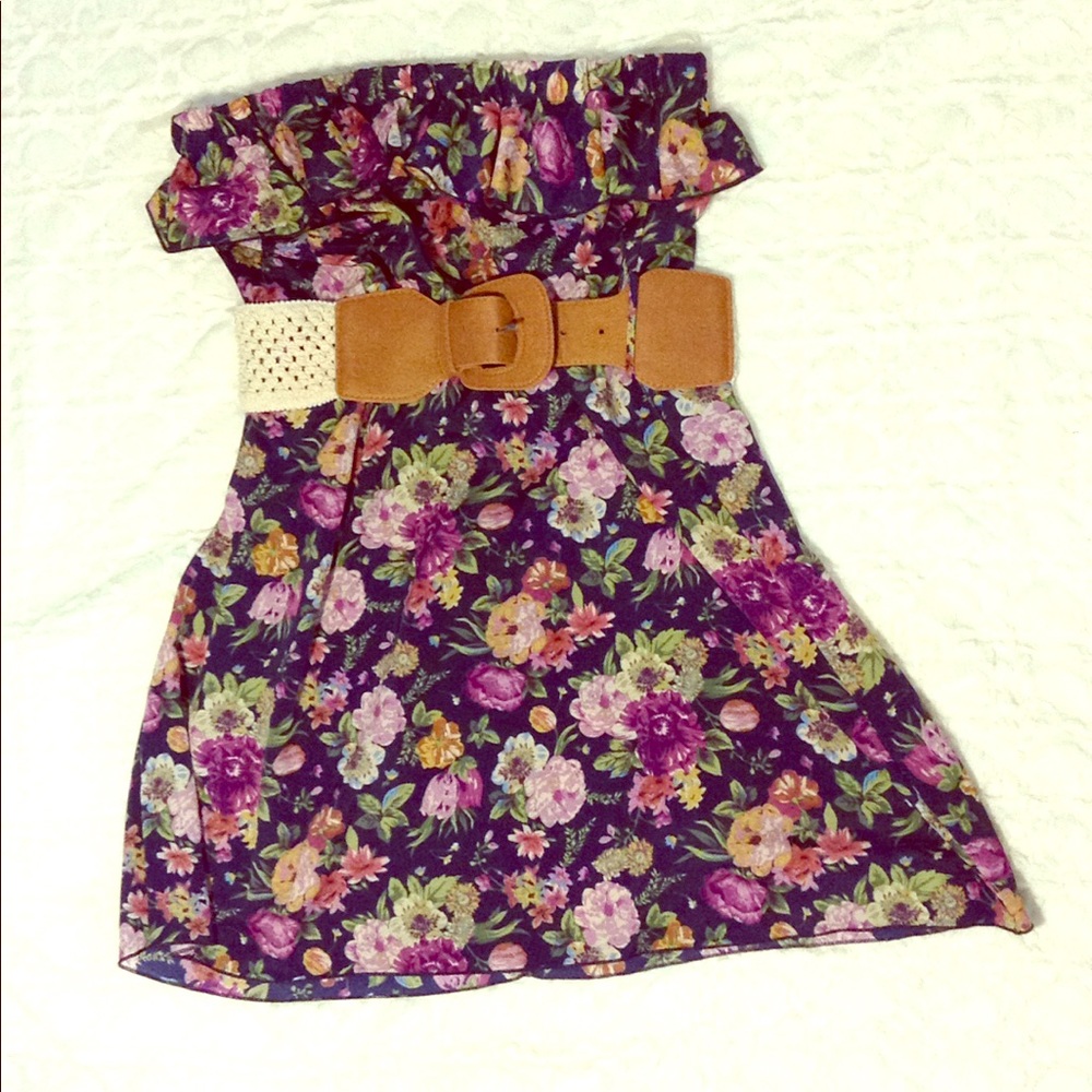 Strapless floral dress w/ belt